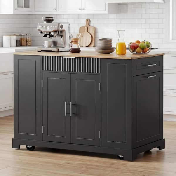 Black Wood 48 in. Kitchen Island with Trash Can Storage Cabinet, 2-Power Outlet, 3-Open Side Racks for Kitchen Room