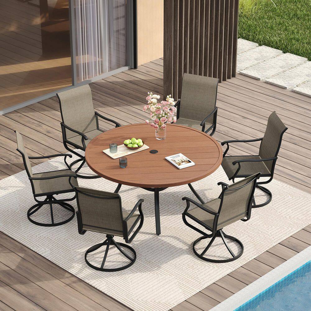 7-Piece Metal Patio Dining Set with 47.2 in. Walnut Round Dining Table and 6 Brown Textilene Swivel Dining Chairs