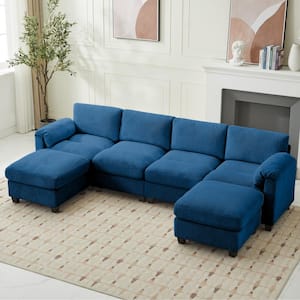 114.96 in Corduroy Modular U-Shaped Navy Sectional Sofa with 2-Ottomans for Living Room and Spacious Space