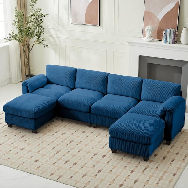 JEAREY 114.96 in Corduroy Modular U-Shaped Navy Sectional Sofa with 2-Ottomans for Living Room and Spacious Space