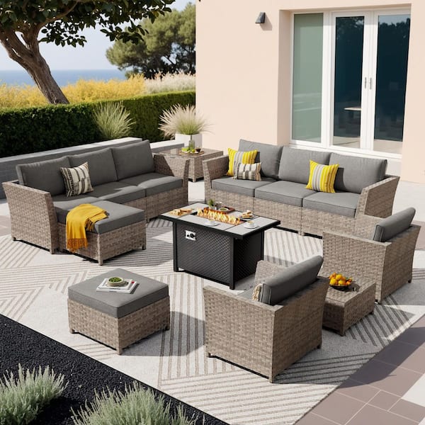 Lounge 13 Pieces Wicker Outdoor Patio Rectangular Fire Pit Set with Dark Gray Cushions