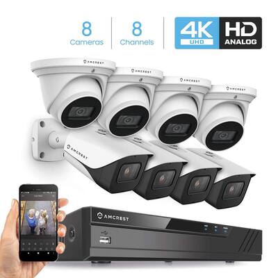 4K (8 MP) 8-Channel DVR Security Camera System with 8x 4K 8 MP Indoor Outdoor Weatherproof Bullet and Dome Wired Cameras