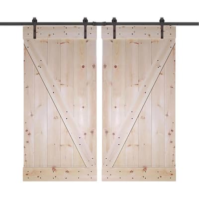 60 in. x 84 in. Unfinished Knotty Pine Wood Double Sliding Barn Door with Classic Bent Strap Black Hardware Kit