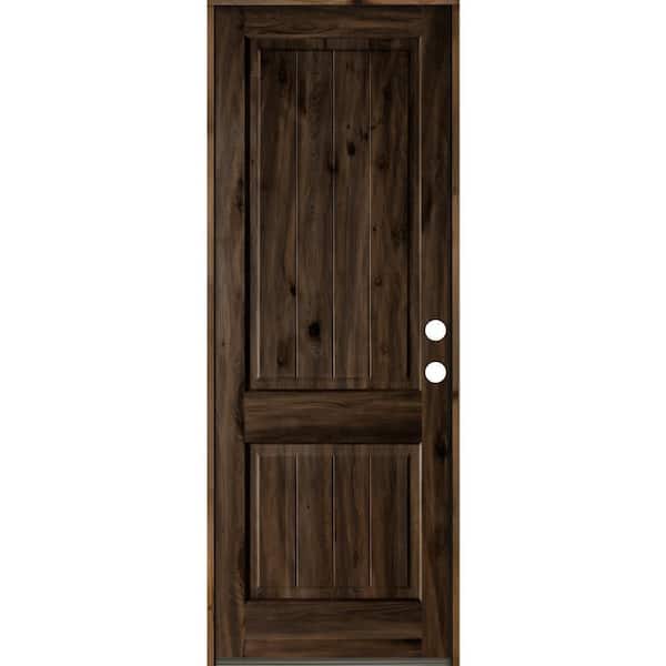 Krosswood Doors 36 in. x 96 in. Rustic Knotty Alder Square Top V-Grooved Left-Hand/Inswing Black Stain Wood Prehung Front Door