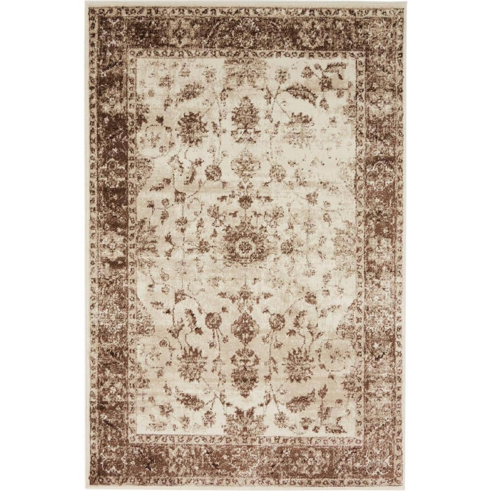 Ivory Floral 4' x 6' Stain-resistant Synthetic Rug