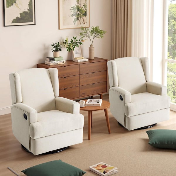 Luxury Beach Color Linen Wingback Manual Swivel Recliner with Rocking(Set of 2)