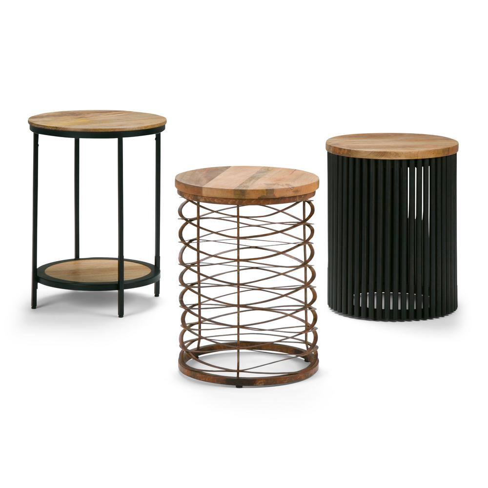 Demy Industrial Round Metal and Wood 18" Accent Side Table in Natural Black