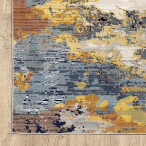 3' X 5' Yellow Gold Blue Grey Brown And Beige Abstract Power Loom Stain Resistant Area Rug