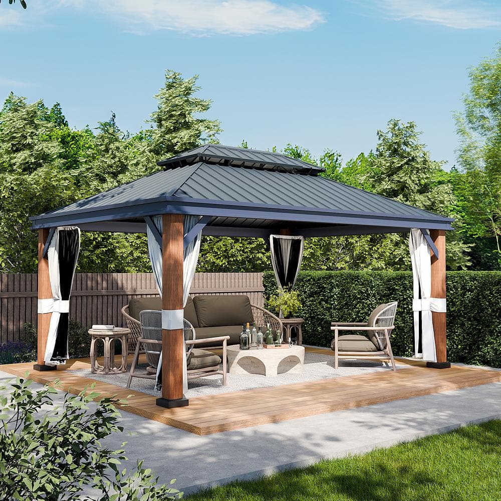 12' x 16' Galvanized Iron and Aluminum Hardtop Gazebo with Curtain and Netting