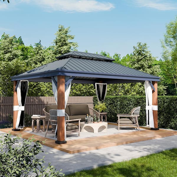 INMITOM 12 ft. x 16 ft. Wood Grain Aluminum Gazebo Double Galvanized Steel Roof, Mosquito Netting, Curtain and Ceiling Hook