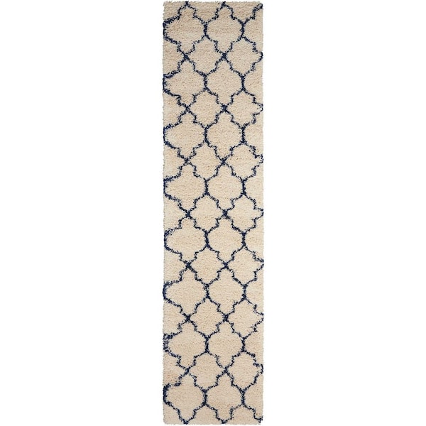 Amore Solid Shag Ivory/Blue 2 ft. x 10 ft. Runner Area Rug