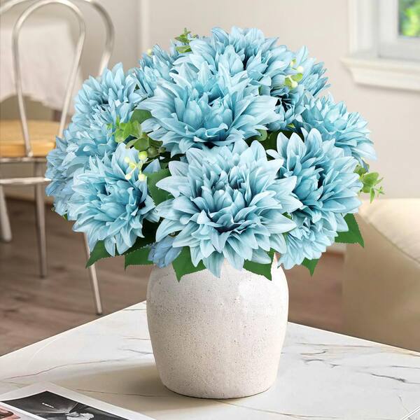 LIVING LUXURY 18 in. Blue Artificial Dahlia Flower Stem Bush