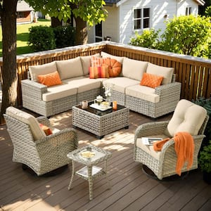 Vinceny Gray 9-Piece Wicker Patio Conversation Seating Set with Beige Cushions and Swivel Chairs