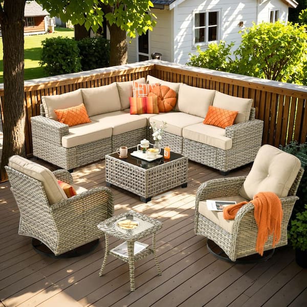 OVIOS Vinceny Gray 9-Piece Wicker Patio Conversation Seating Set with ...