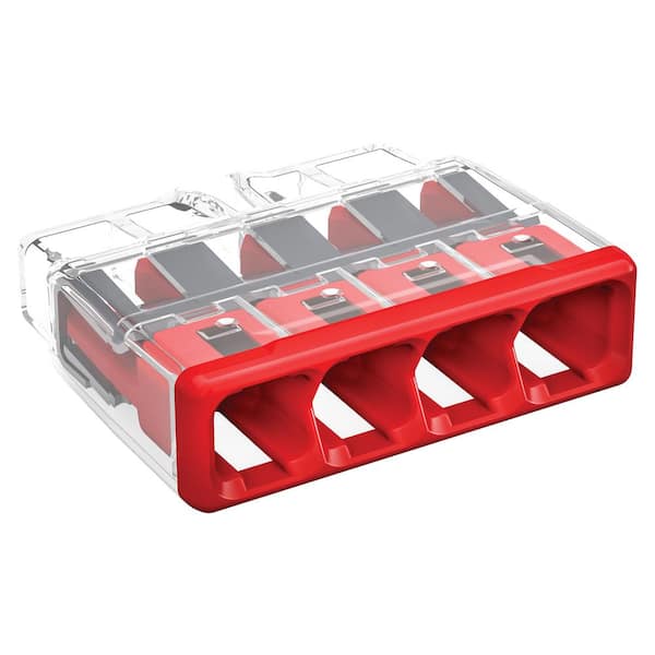 WAGO 2773 Series 4-Port Push-in Wire Connector for Junction Boxes, Electrical Connector with Red Cover, (10-Pack)