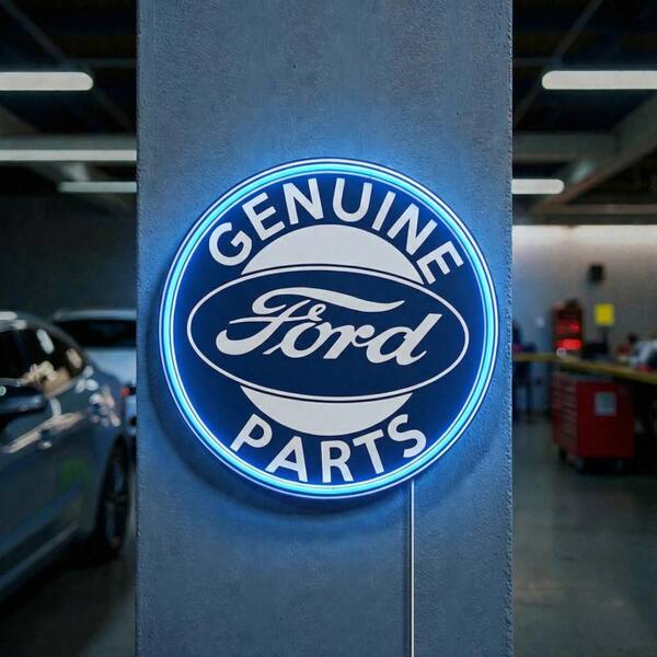 American Art Decor 16 in. x 16 in. Navy Blue Vintage Ford Neon