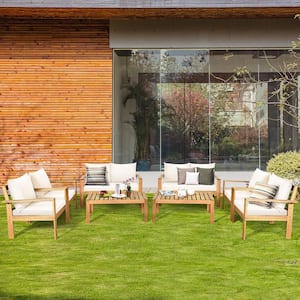 Brown 8-Pieces Wood Outdoor Sectional Set with White Cushions