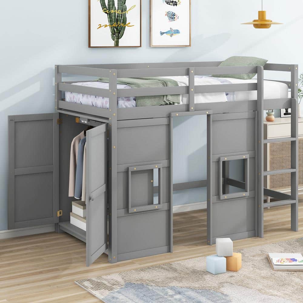 Harper & Bright Designs Gray Twin Size Wood Loft Bed with Built-in ...