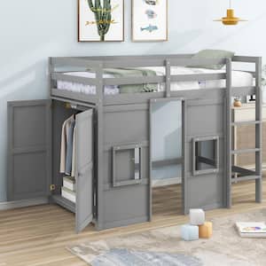 Gray Twin Size Wood Loft Bed with Built-in Storage Wardrobe, 2-Windows Design
