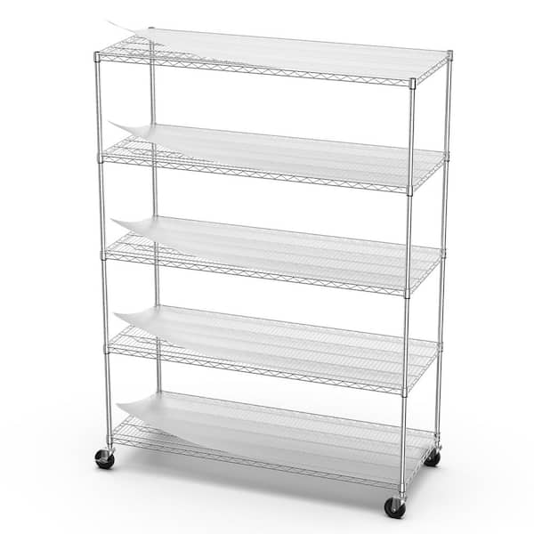 5-Layers Rectangular Metal Shelf with Wheels for Storing Kitchen Items, 24 in. L x 60 in. W x 82 in. H-Chrome