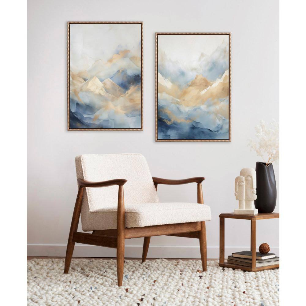 Sylvie Beaded Blue Mountains Abstract Canvas Art Set with Gold Frame