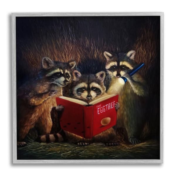 Stupell Industries Fun Raccoon Trio Reading Book by Lucia Heffernan 1-Piece Gray Framed Animal Giclee Art Print 24 in. x 24 in.