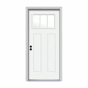32 in. x 80 in. 3 Lite Craftsman White Painted Steel Prehung Right-Hand Inswing Front Door w/Brickmould