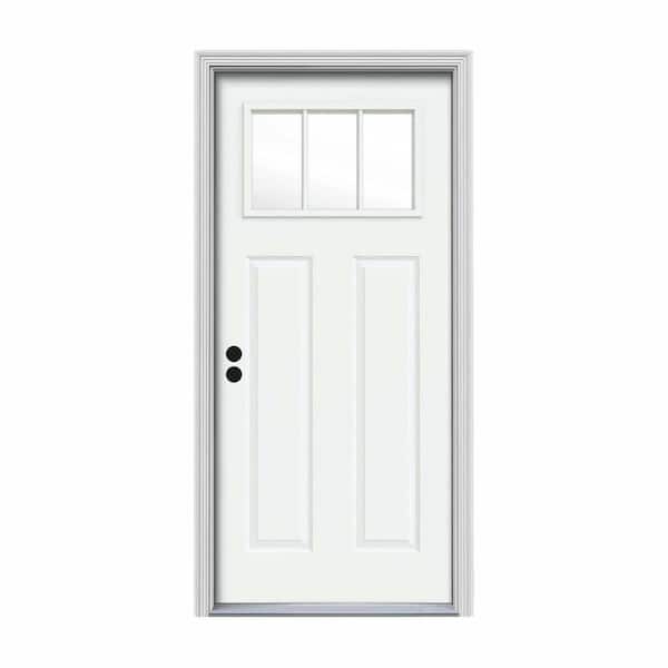 32 in. x 80 in. 3 Lite Craftsman White Painted Steel Prehung Right-Hand Inswing Front Door w/Brickmould