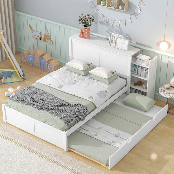 White Wood Frame Full Size Platform Bed with Pull Out Shelves and Twin Size Trundle