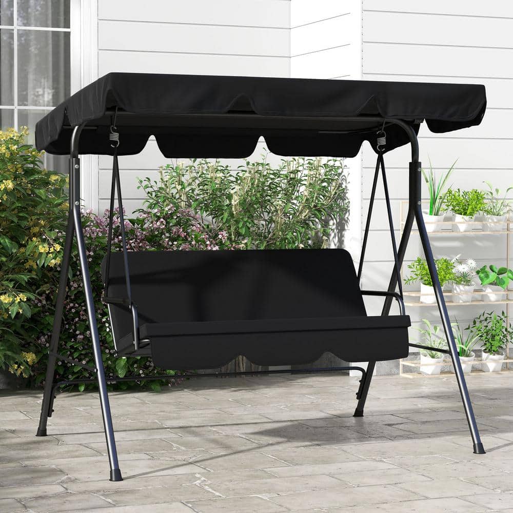Black Steel Frame 3-Person Outdoor Patio Swing with Adjustable Canopy