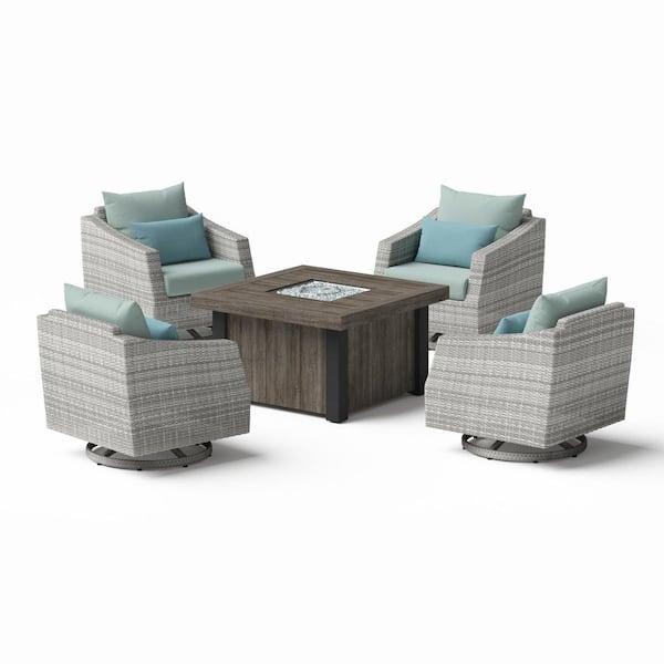 Cannes 5-Piece Wicker Motion Patio Fire Pit Conversation Set with Sunbrella Spa Blue Cushions