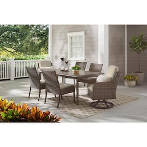 Windsor Brown Wicker Outdoor Patio Stationary Armless Dining Chair with CushionGuard Biscuit Tan Cushions (2-Pack)