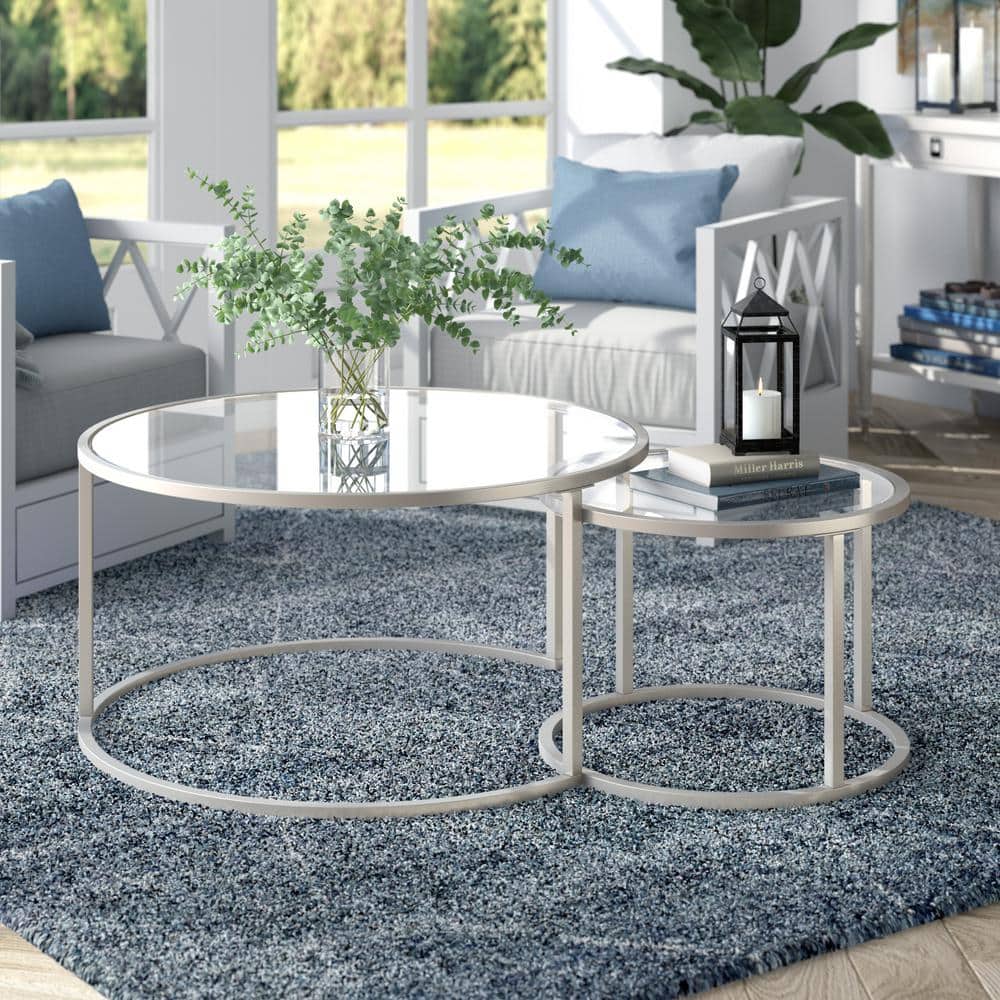 Satin Nickel Round Nested Glass Coffee Table Set, 35"
