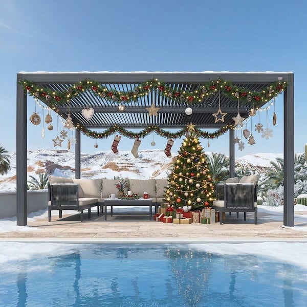 10 ft. x 14 ft. Gray Aluminum Frame Outdoor Hardtop Louvered Pergola with Adjustable Sunshade Roof and In-Built Gutter