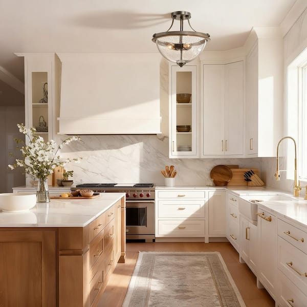 Morice 3-Light Semi Flush Mount Weathered Iron Semi Flush Mount with Painted Grey Wood Accents and Seeded Glass Shade