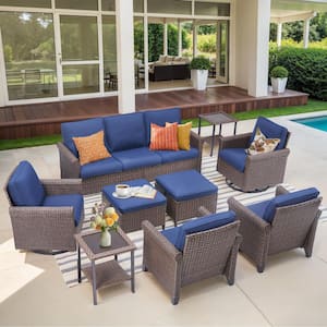 Nyajiah 9-Piece Wicker Patio Conversation Set with Blue Cushions