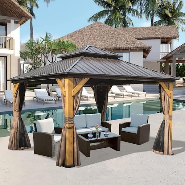 Daheat Beaulo 12 ft. x 12 ft. Hardtop Cedar Wood Gazebo in Brown with Double Galvanized Steel Frame Roofs and Mosquito Net