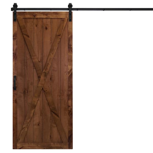 Dogberry Collections 36 in. x 84 in. Classic X Walnut Alder Wood Interior Sliding Barn Door Slab with Hardware Kit