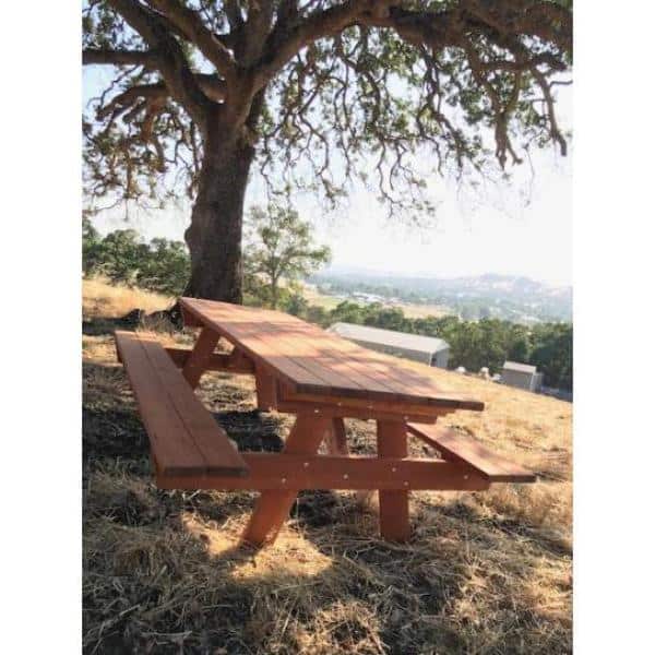 Outdoor 1905 Super Deck Finished 8 ft. Redwood Picnic Table with Attached  Benches