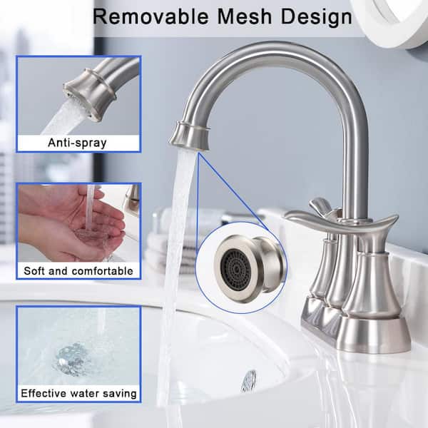 4 in. Centerset 2-Handle 360-Degree Swivel Spout Bathroom Faucet with Drain Kit Included in Brushed Nickel