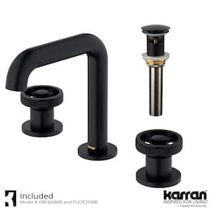 Tryst Widespread Wheel 2-Handle Three Hole Bathroom Faucet with Matching Pop-up Drain in Matte Black