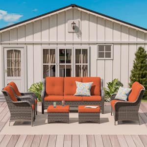 6-Piece Steel Outdoor Patio Conversation Seating Set Backyard Garden with Orange Cushions