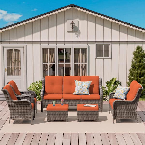 MeetLeisure 6-Piece Steel Outdoor Patio Conversation Seating Set Backyard Garden with Orange Cushions