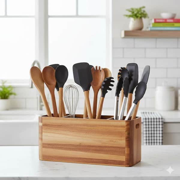 Rustic Acacia Wood Kitchen Utensil Holder Organizer Large Countertop Storage with 4 Compartments Removable Partition