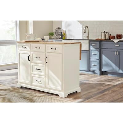 Ivory Kitchen Island with Natural Butcher Block Top