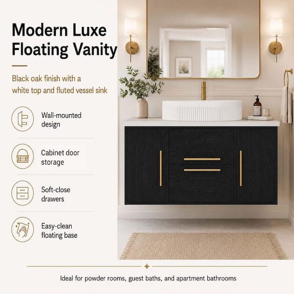 39.4 in. Single Sink Wall Mounted Black Bath Vanity with White Fluted Ceramic Vessel Sink (Self Assembly Needed)