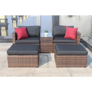 Brown 5 Pieces Wicker Outdoor Sectional Patio Conversation Set with Black Cushions and Tempered Glass Top Coffee Table