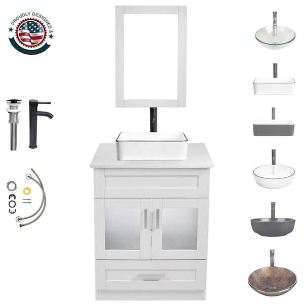 TOOLKISS 24 in. W x 19 in. D x 32.3 in. H Single Sink Bath Vanity in White with White Wood Top and Mirror