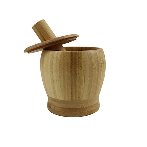 Bamboo Mortar and Pestle Set with Lid Natural Finish for Grinding Herbs Garlic Spices Ergonomic Kitchen Tool