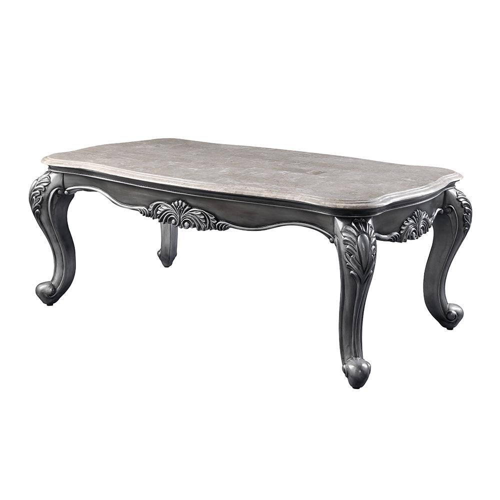 Platinum Gray Rectangular Marble Top Wooden Coffee Table